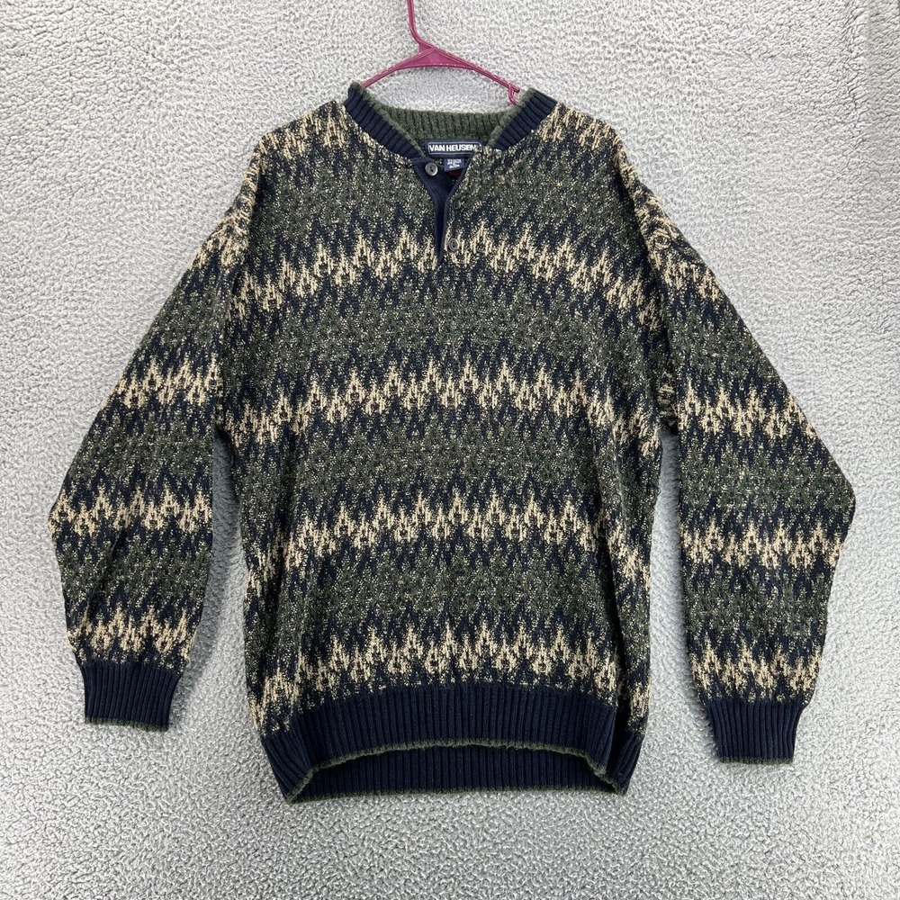 Vintage VAN HEUSEN Pullover LS Sweater Men's XL Geometric Stretch Italy